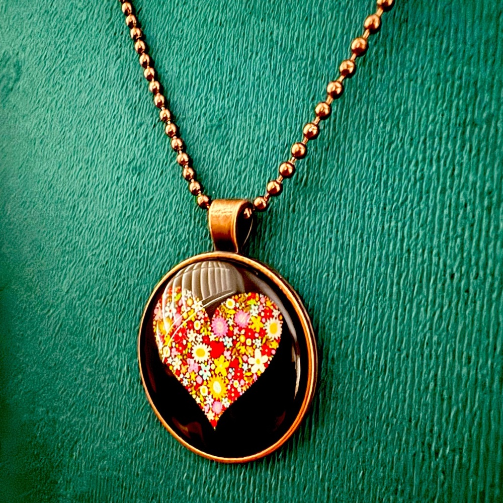 30 mm Glass Floral Heart Pendant Bronze-Tone Bezel 27 inch Ball Chain